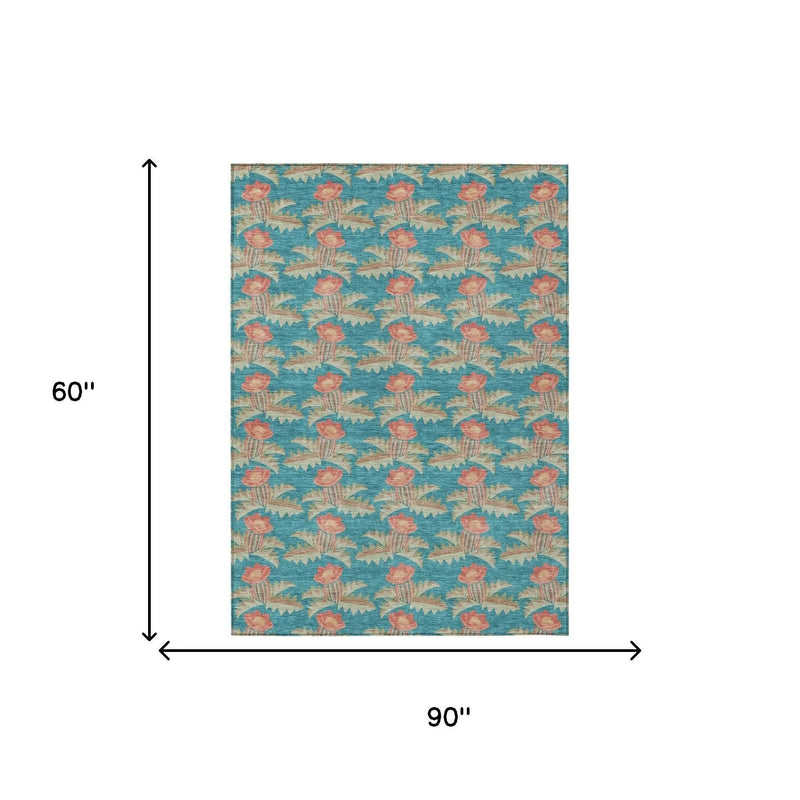 5' X 8' Turquoise And Brown Floral Washable Indoor Outdoor Area Rug Homeroots Outdoor