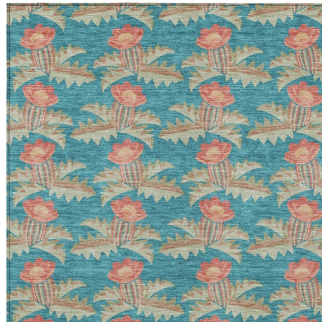 5' X 8' Turquoise And Brown Floral Washable Indoor Outdoor Area Rug Homeroots Outdoor