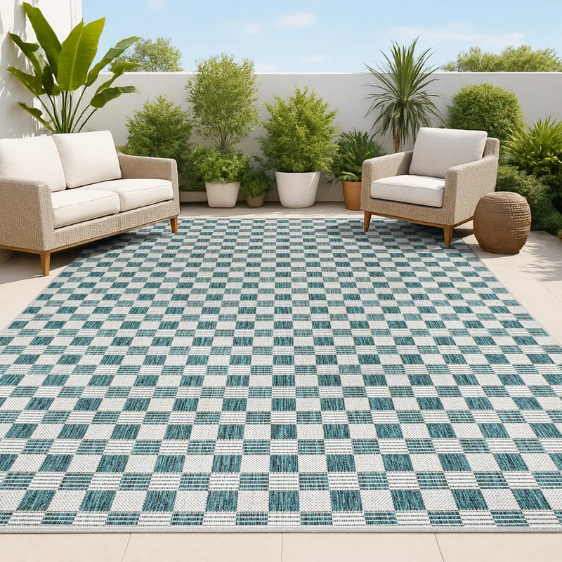 5' X 8' Turquoise And Cream Geometric Indoor Outdoor Area Rug - GreatEagleInc