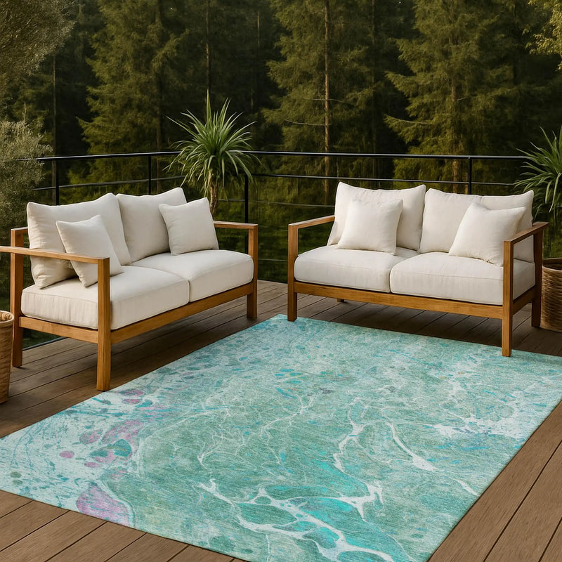 5' X 8' Turquoise And Teal Blue Abstract Washable Indoor Outdoor Area Rug Homeroots Outdoor