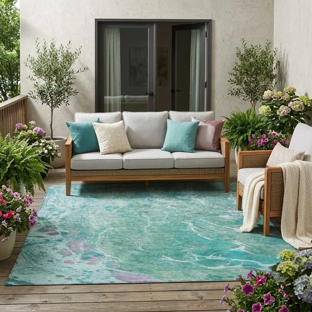 5' X 8' Turquoise And Teal Blue Abstract Washable Indoor Outdoor Area Rug Homeroots Outdoor