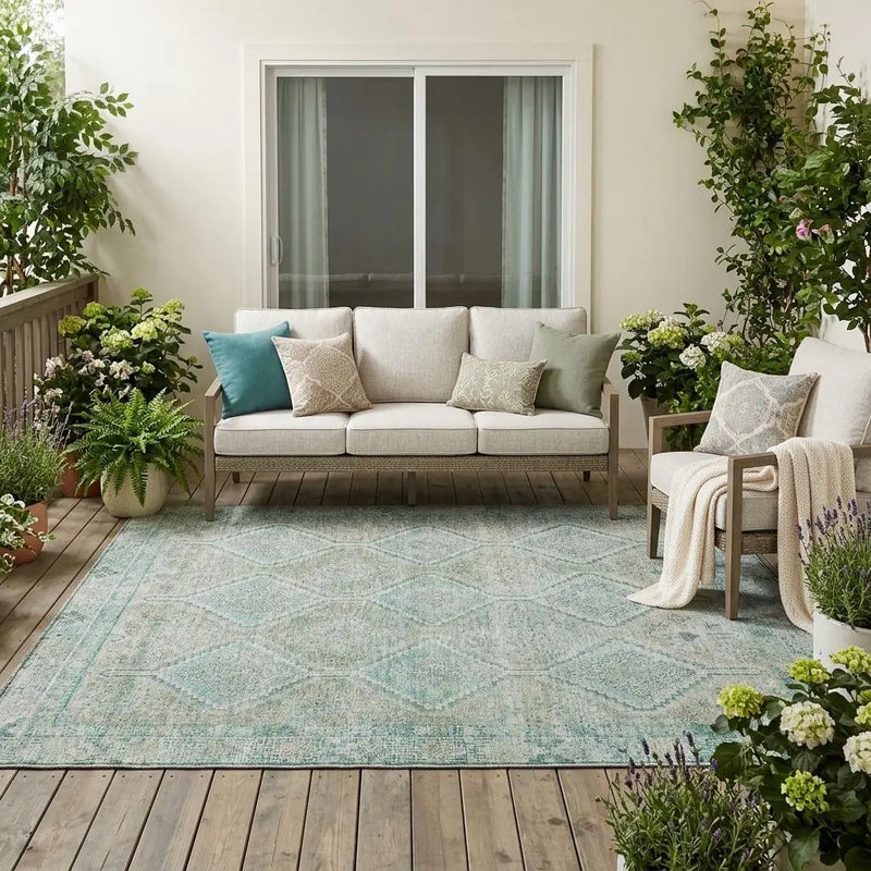 5' X 8' Turquoise And Teal Blue Geometric Washable Indoor Outdoor Area Rug Homeroots Outdoor