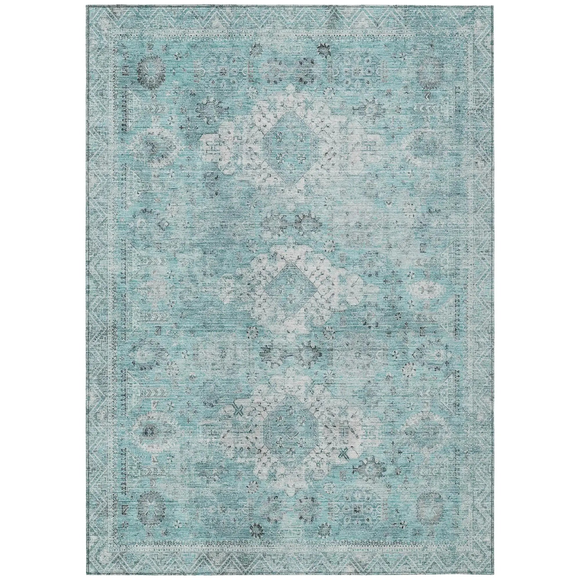 5' X 8' Turquoise And Teal Blue Oriental Washable Indoor Outdoor Area Rug Homeroots Outdoor