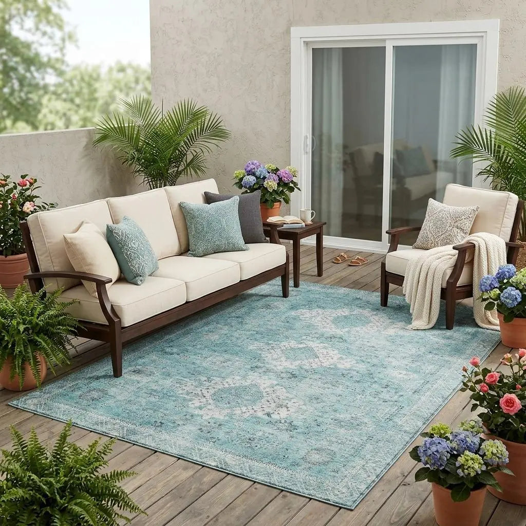 5' X 8' Turquoise And Teal Blue Oriental Washable Indoor Outdoor Area Rug Homeroots Outdoor