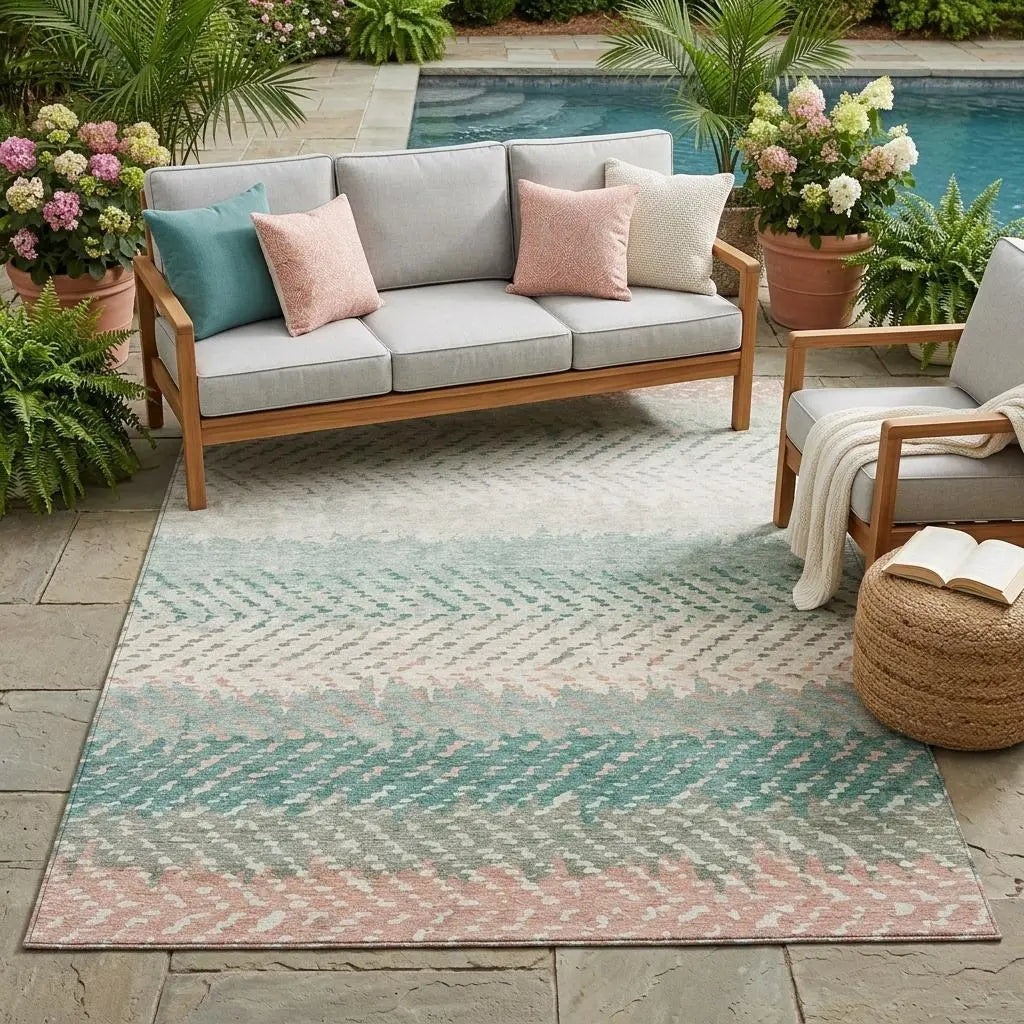 5' X 8' Turquoise And Teal Blue Striped Washable Indoor Outdoor Area Rug Homeroots Outdoor