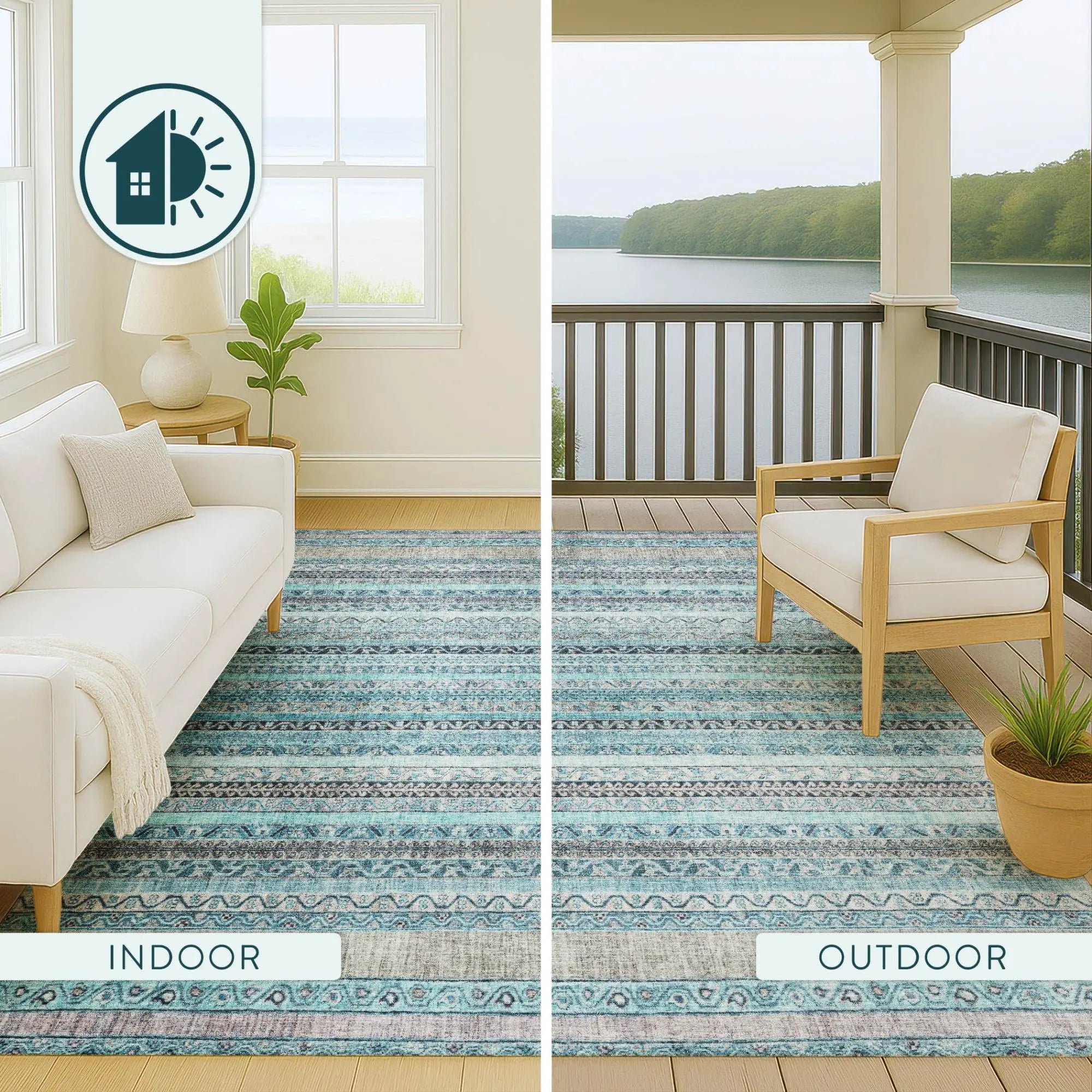Blue and white striped indoor/outdoor rug, made of durable materials, perfect for stylish home decor and patio use.