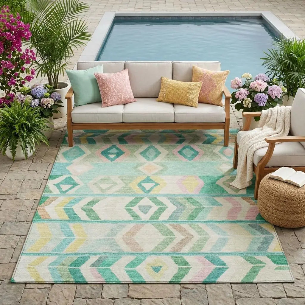5' X 8' Turquoise And Teal Blue Tribal Washable Indoor Outdoor Area Rug Homeroots Outdoor