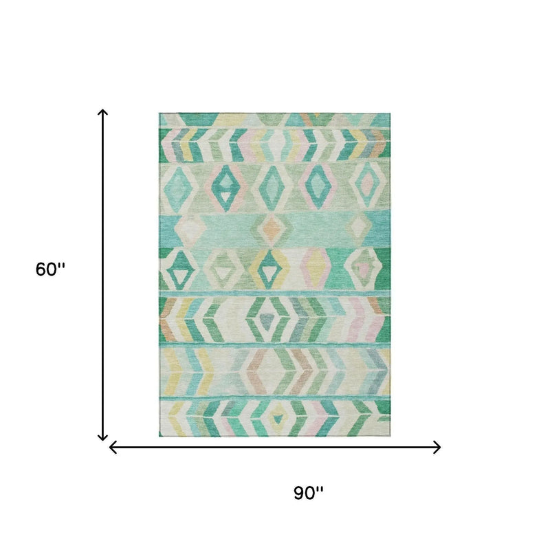 5' X 8' Turquoise And Teal Blue Tribal Washable Indoor Outdoor Area Rug Homeroots Outdoor