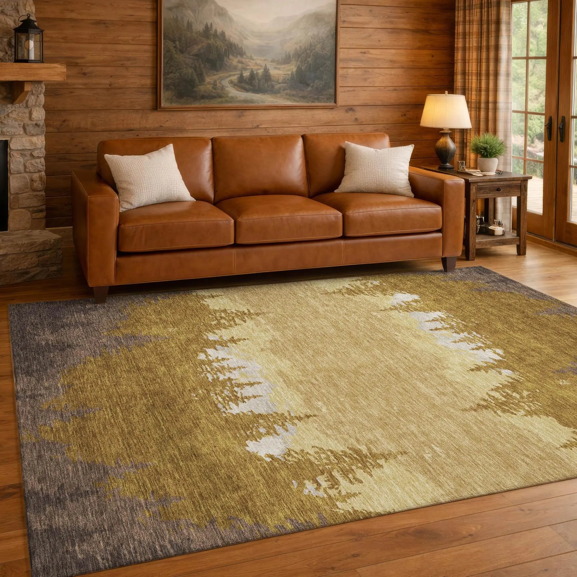 5' X 8' Walnut And Gold Floral Washable Indoor Outdoor Area Rug Homeroots Outdoor