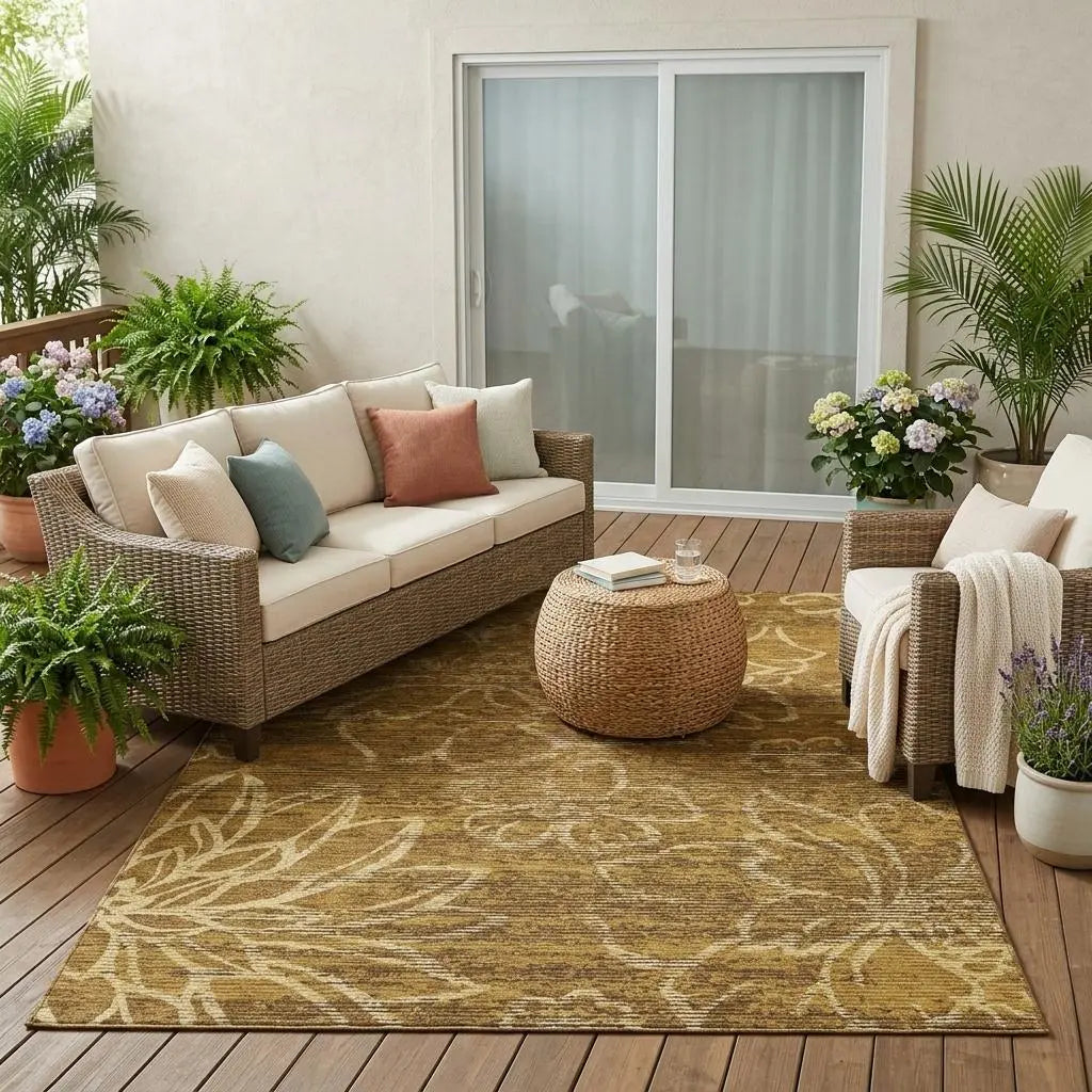 5' X 8' Walnut And Gold Floral Washable Indoor Outdoor Area Rug Homeroots Outdoor
