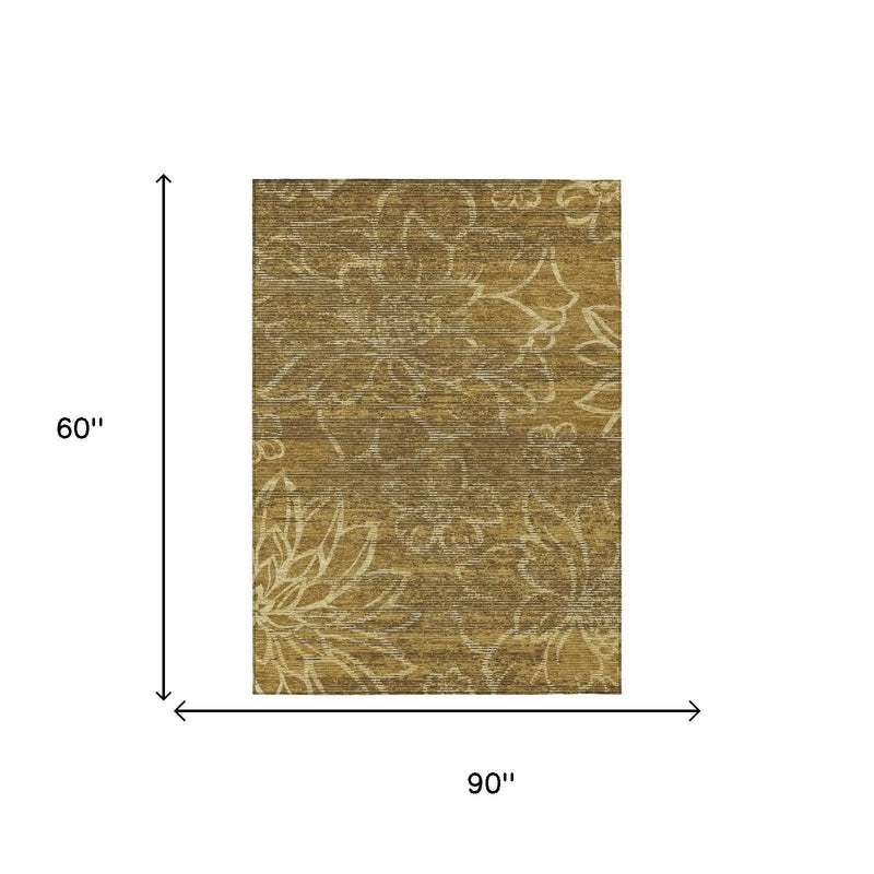 5' X 8' Walnut And Gold Floral Washable Indoor Outdoor Area Rug Homeroots Outdoor