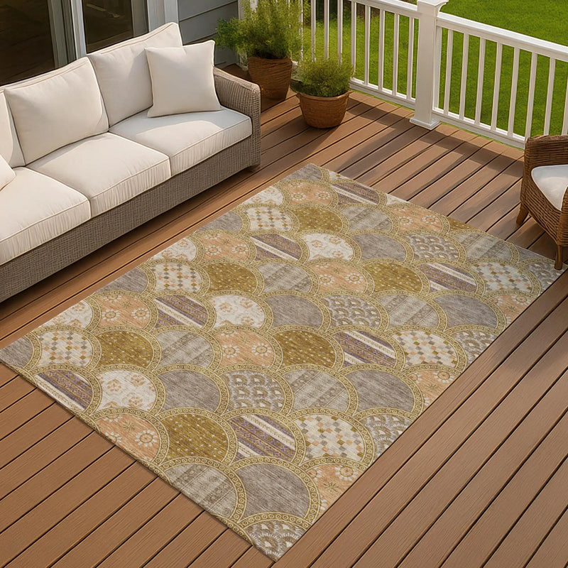 5' X 8' Walnut And Gold Geometric Washable Indoor Outdoor Area Rug Homeroots Outdoor