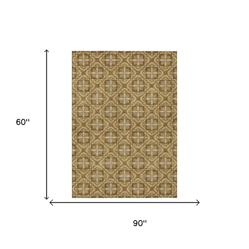 5' X 8' Walnut And Gold Geometric Washable Indoor Outdoor Area Rug Homeroots Outdoor