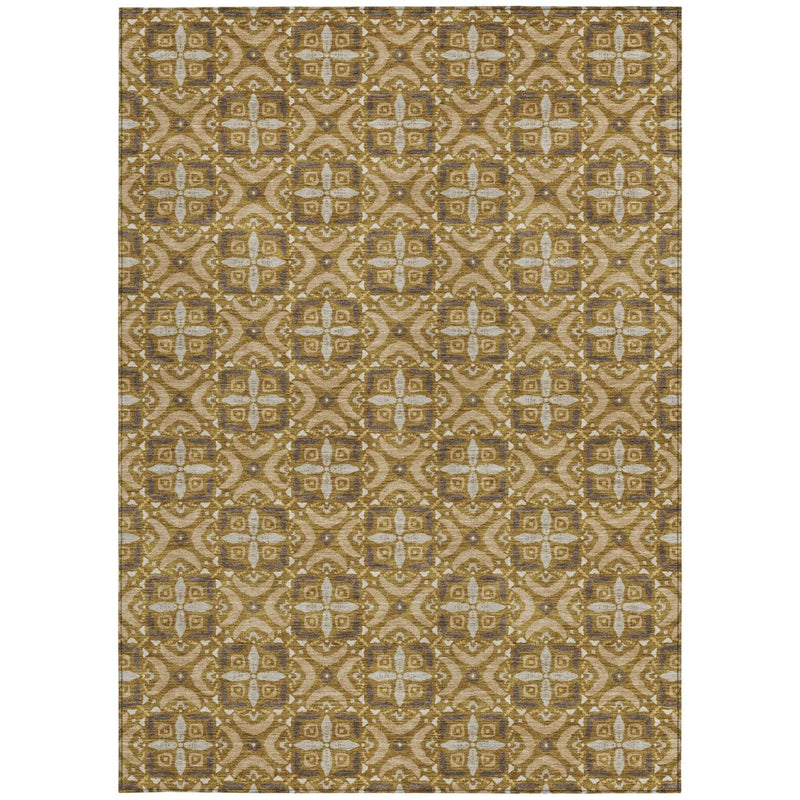 5' X 8' Walnut And Gold Geometric Washable Indoor Outdoor Area Rug Homeroots Outdoor