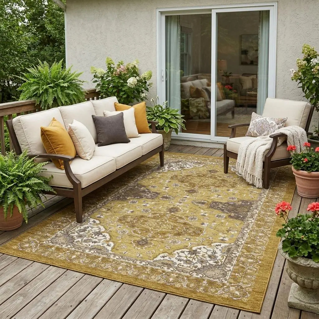 5' X 8' Walnut And Gold Oriental Washable Indoor Outdoor Area Rug Homeroots Outdoor