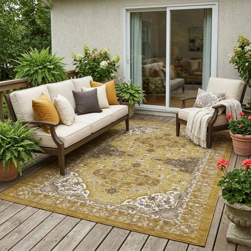 5' X 8' Walnut And Gold Oriental Washable Indoor Outdoor Area Rug Homeroots Outdoor