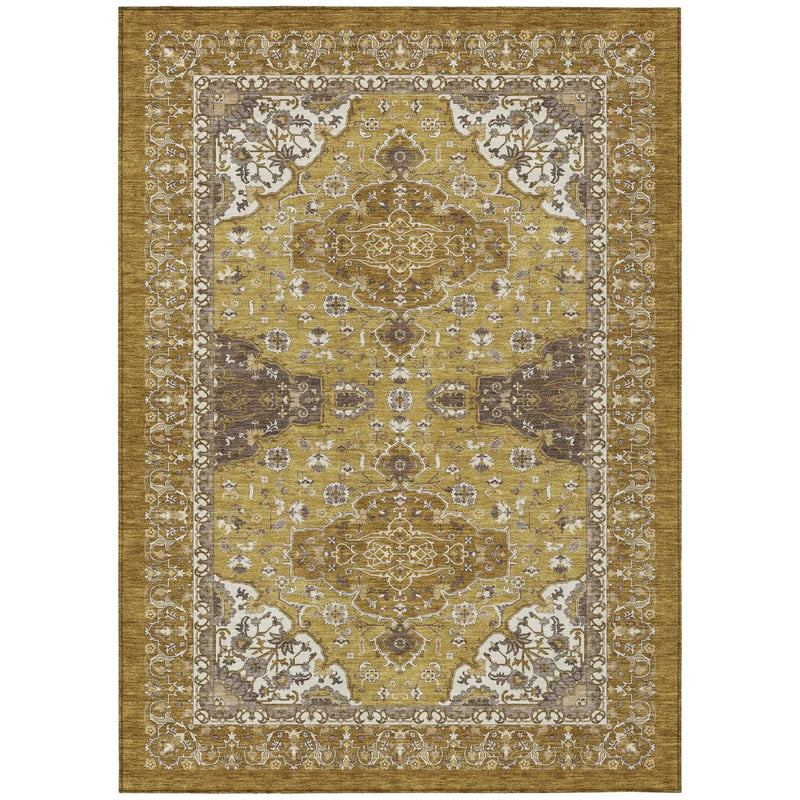 5' X 8' Walnut And Gold Oriental Washable Indoor Outdoor Area Rug Homeroots Outdoor
