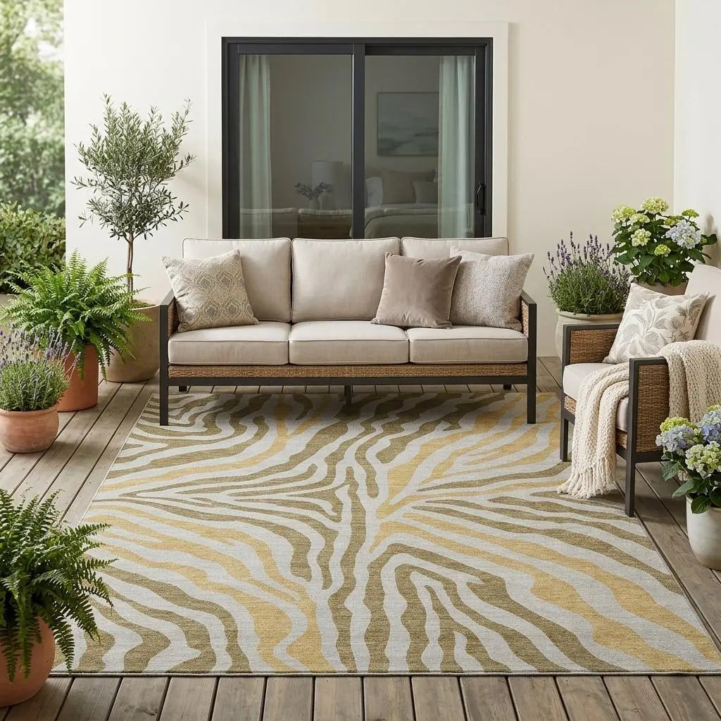 5' X 8' Walnut And Gold Zebra Print Washable Indoor Outdoor Area Rug Homeroots Outdoor