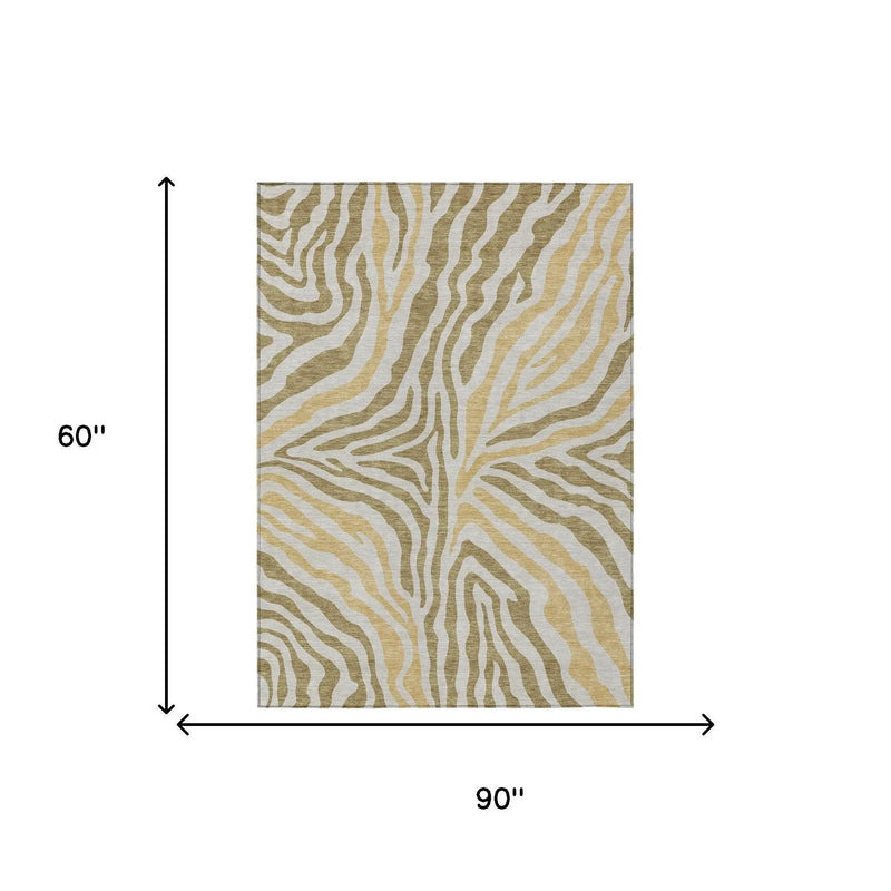 5' X 8' Walnut And Gold Zebra Print Washable Indoor Outdoor Area Rug Homeroots Outdoor