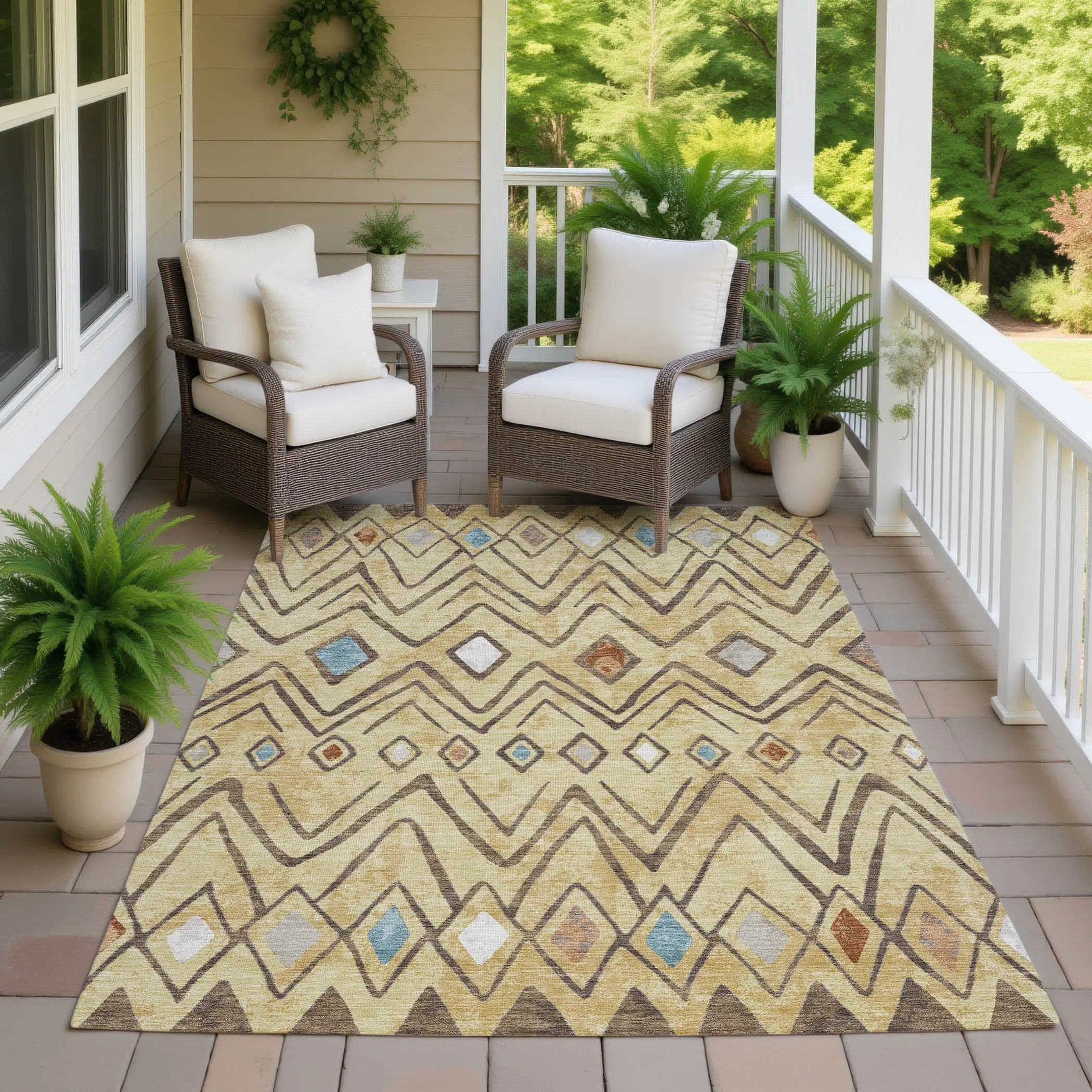 5' X 8' Wheat And Brown Geometric Washable Indoor Outdoor Area Rug Homeroots Outdoor