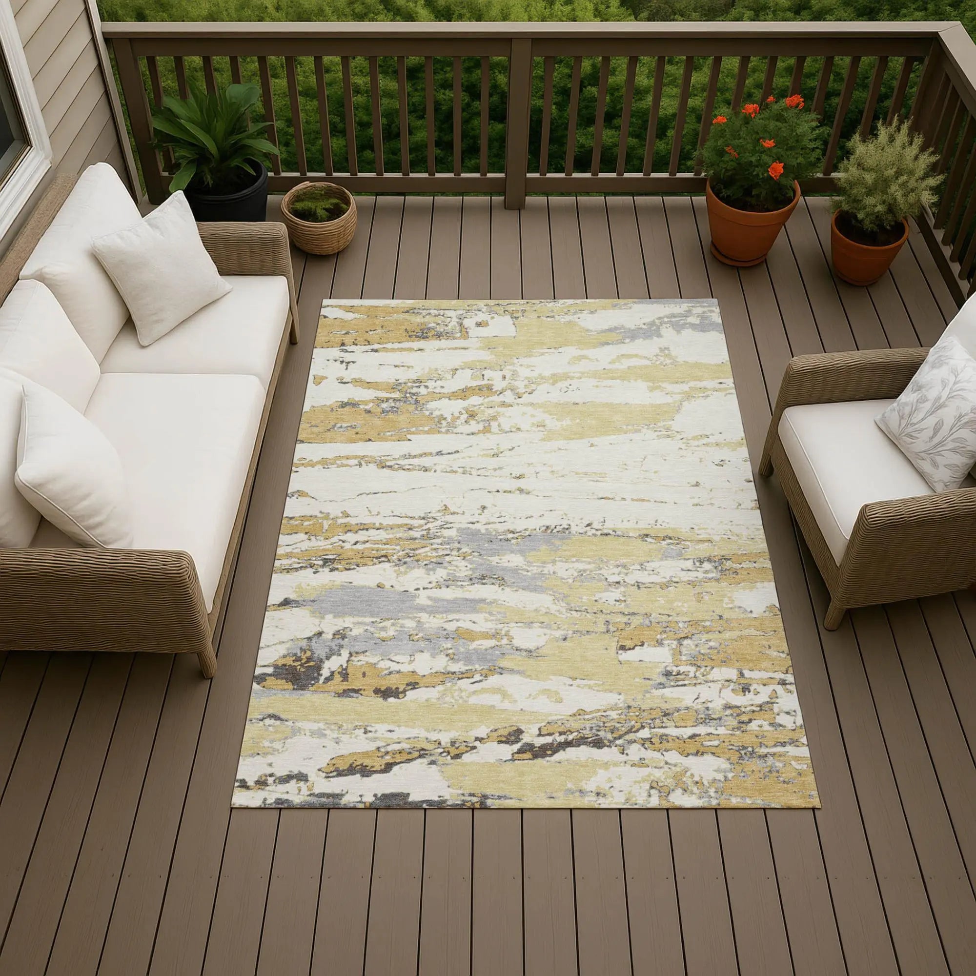 5' X 8' Wheat And Gold Abstract Washable Indoor Outdoor Area Rug Homeroots Outdoor