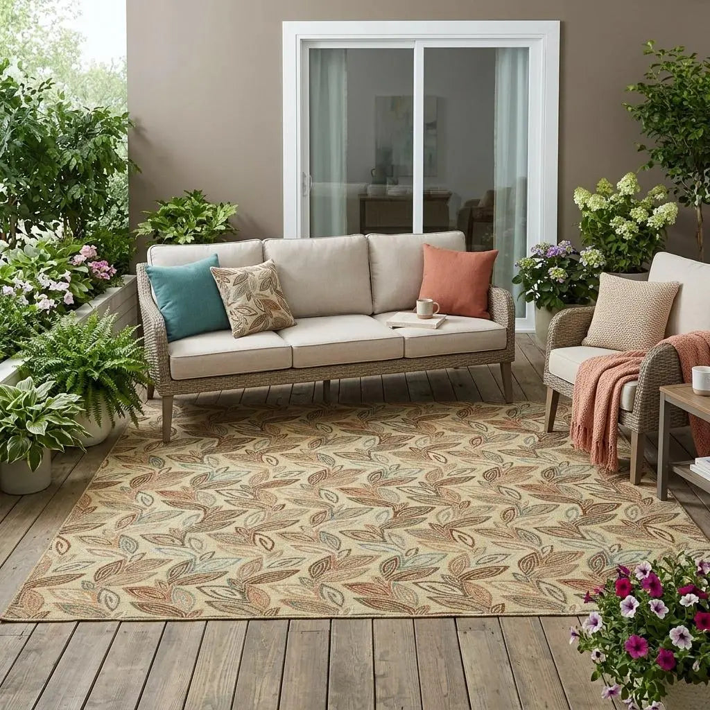 5' X 8' Wheat And Gold Botanical Leaves Washable Indoor Outdoor Area Rug Homeroots Outdoor