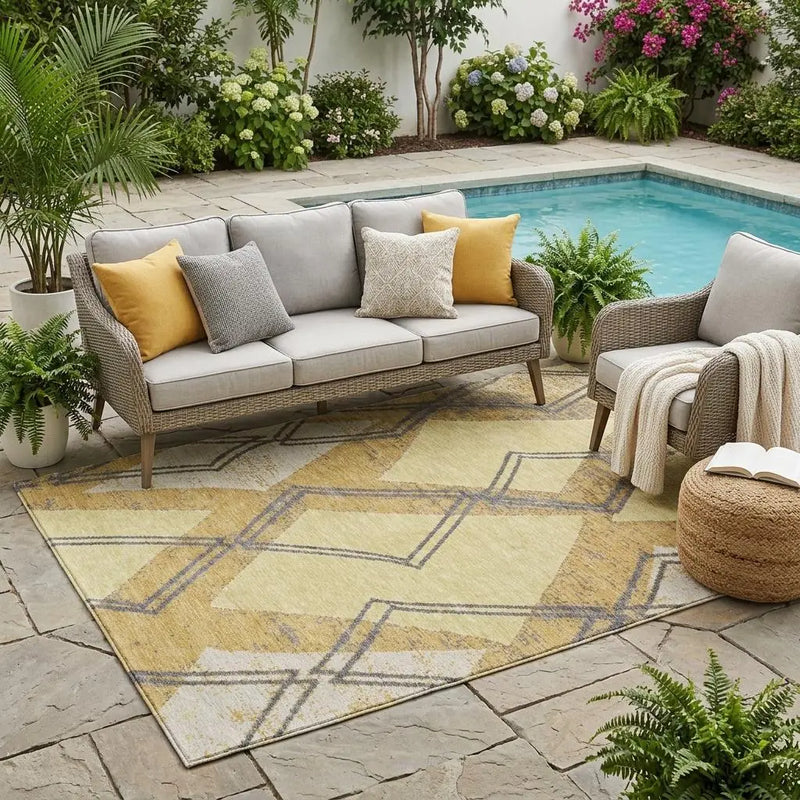 5' X 8' Wheat And Gold Geometric Washable Indoor Outdoor Area Rug Homeroots Outdoor