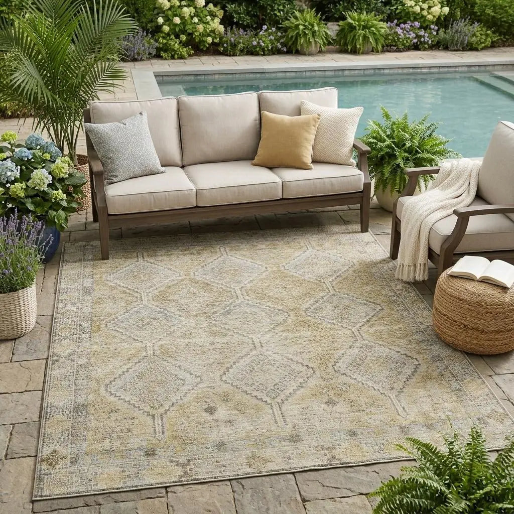 5' X 8' Wheat And Gold Geometric Washable Indoor Outdoor Area Rug Homeroots Outdoor