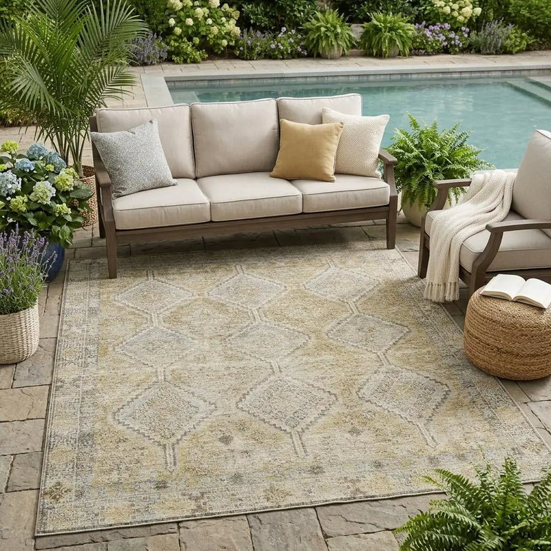 5' X 8' Wheat And Gold Geometric Washable Indoor Outdoor Area Rug Homeroots Outdoor