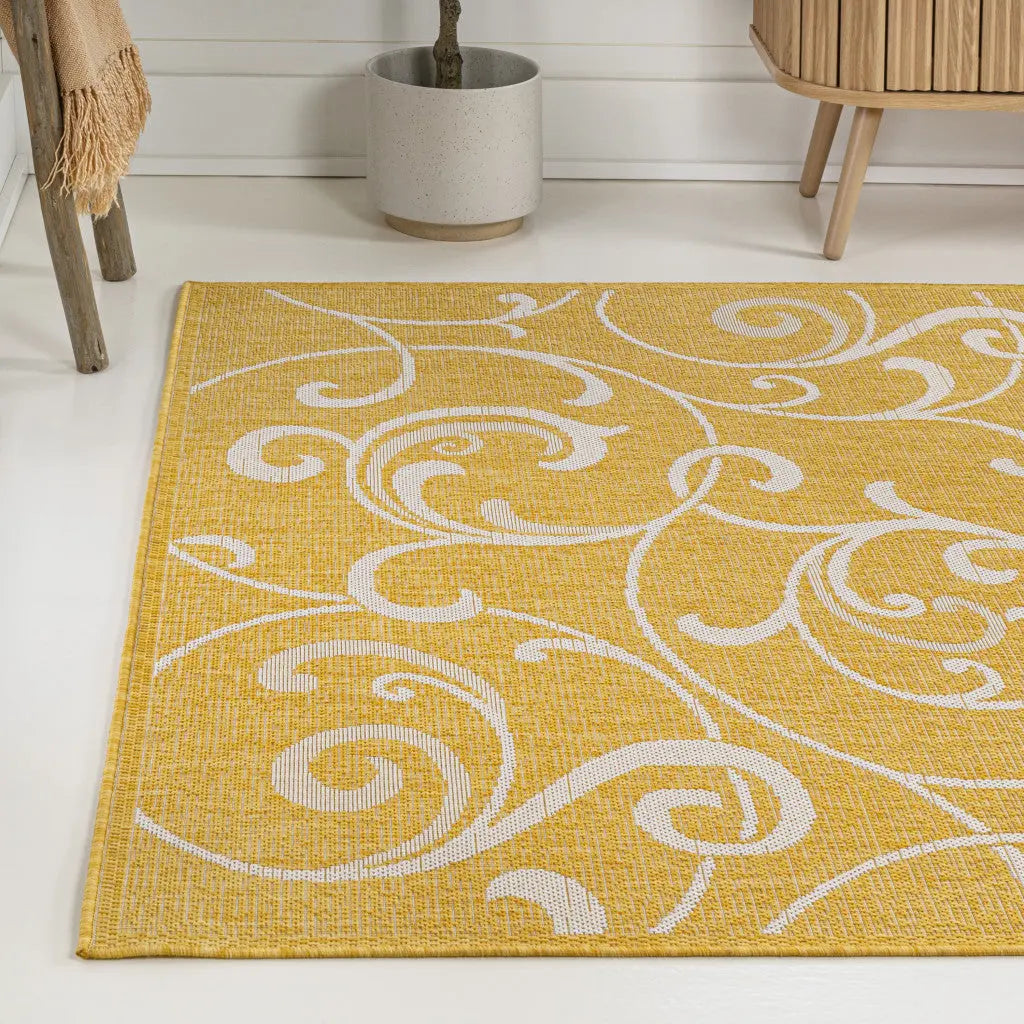 5' X 8' Yellow And Cream Floral Indoor Outdoor Area Rug - GreatEagleInc