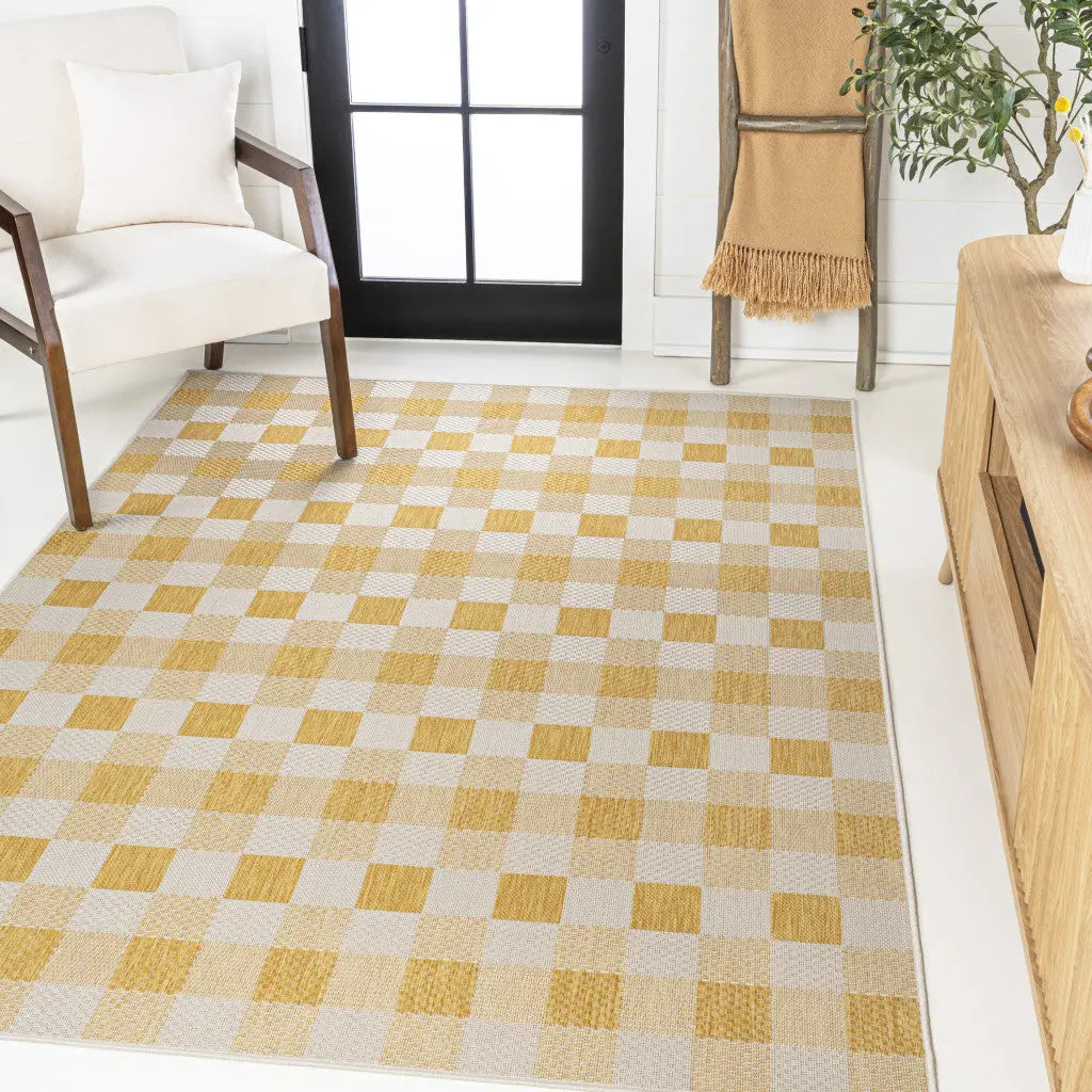 5' X 8' Yellow And Cream Geometric Indoor Outdoor Area Rug - GreatEagleInc