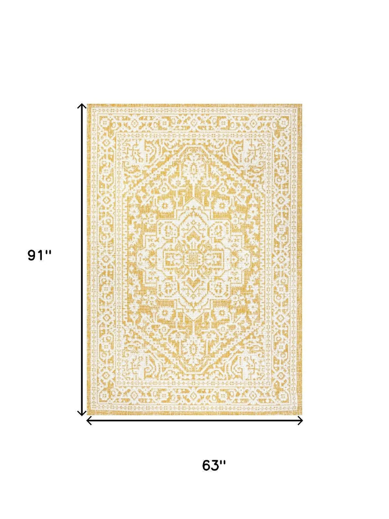 5' X 8' Yellow And Cream Medallion Indoor Outdoor Area Rug Homeroots Outdoor