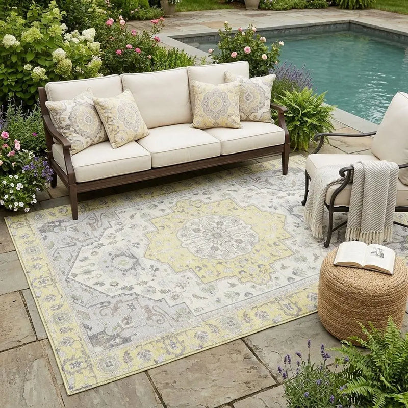 5' X 8' Yellow And Purple Oriental Washable Indoor Outdoor Area Rug Homeroots Outdoor