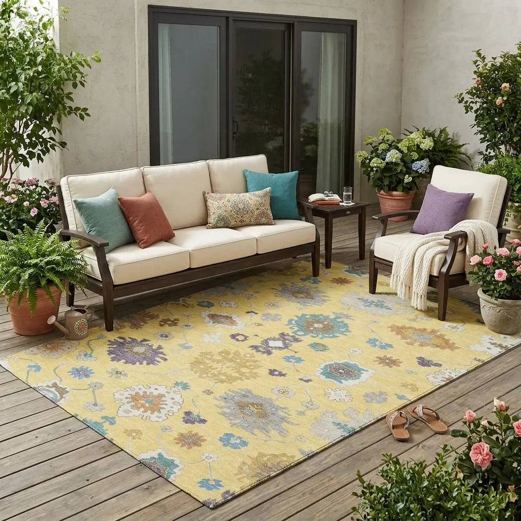 5' X 8' Yellow And Teal Blue Oriental Washable Indoor Outdoor Area Rug Homeroots Outdoor