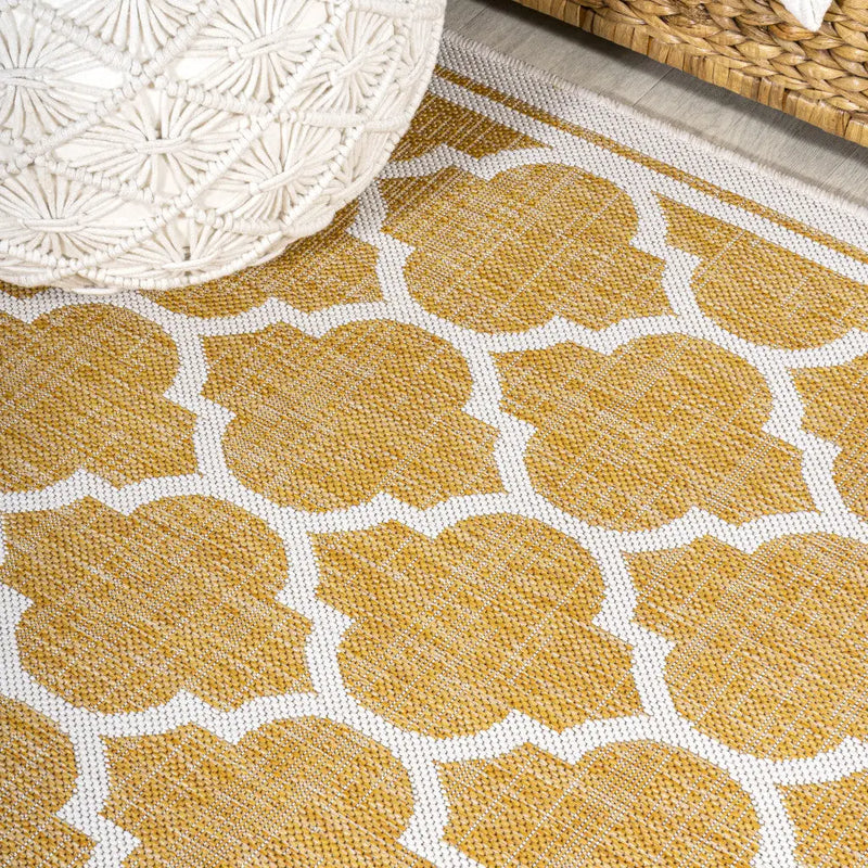 5' Yellow And Cream Square Geometric Indoor Outdoor Area Rug Homeroots Outdoor