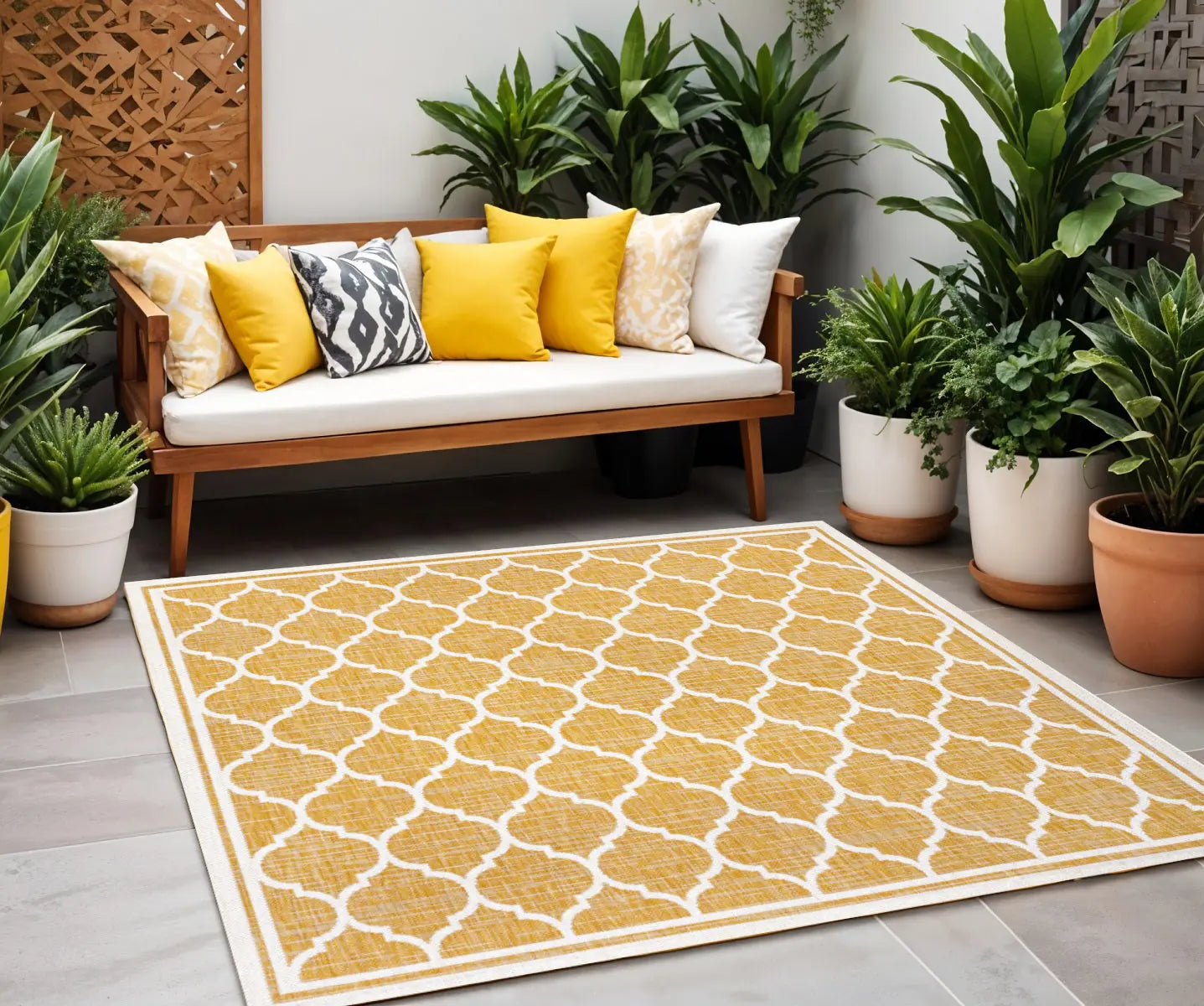 5' Yellow And Cream Square Geometric Indoor Outdoor Area Rug Homeroots Outdoor