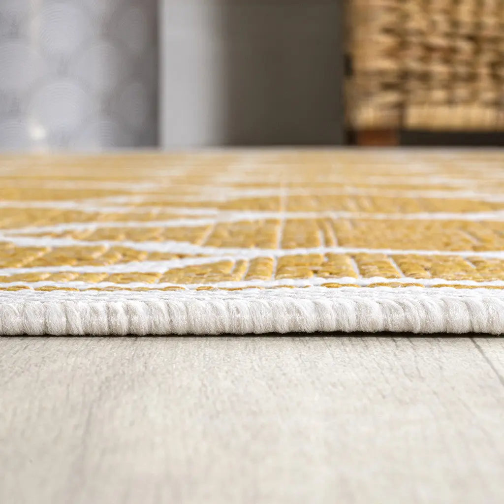 5' Yellow And Cream Square Geometric Indoor Outdoor Area Rug Homeroots Outdoor