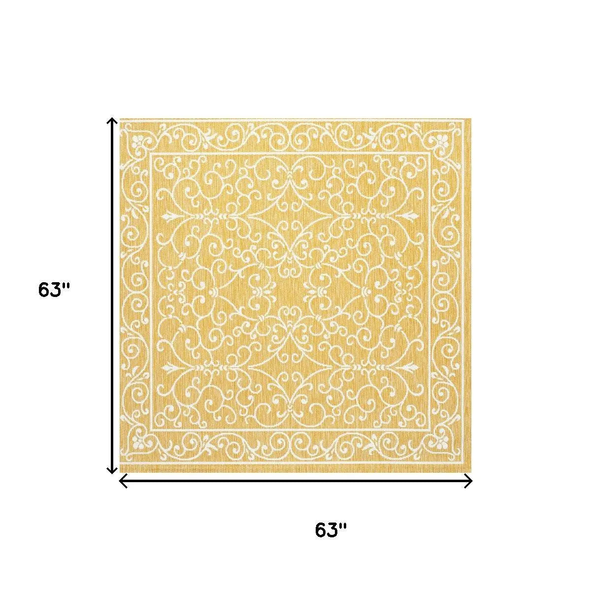 5' Yellow And Cream Square Medallion Indoor Outdoor Area Rug Homeroots Outdoor