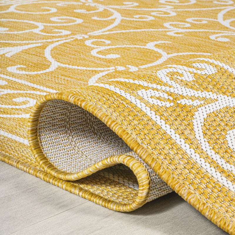 5' Yellow And Cream Square Medallion Indoor Outdoor Area Rug Homeroots Outdoor