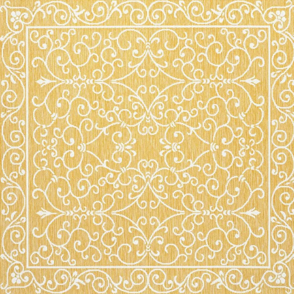 5' Yellow And Cream Square Medallion Indoor Outdoor Area Rug Homeroots Outdoor