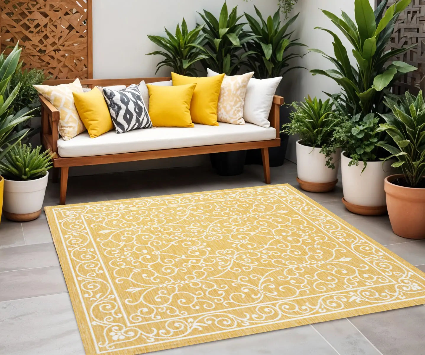 5' Yellow And Cream Square Medallion Indoor Outdoor Area Rug Homeroots Outdoor