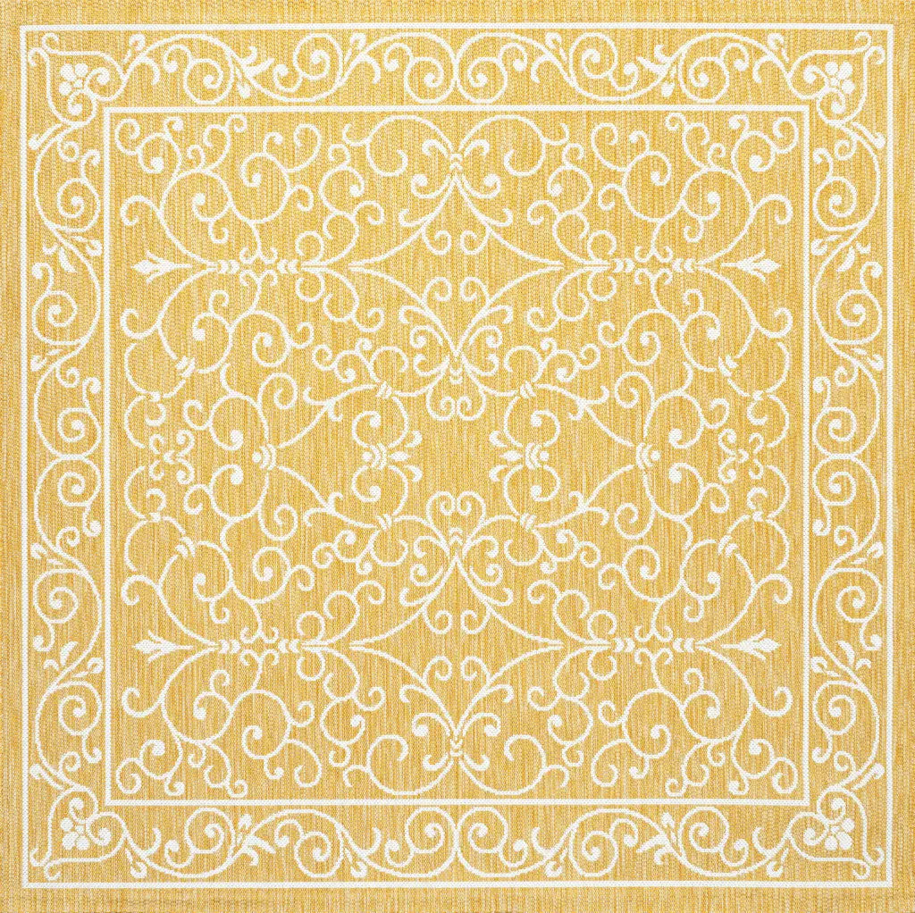 5' Yellow And Cream Square Medallion Indoor Outdoor Area Rug Homeroots Outdoor