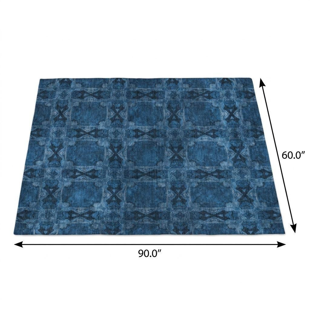 5' X 8' Navy Blue And Gray Geometric Shag Washable Area Rug With UV Protection - Home & Garden