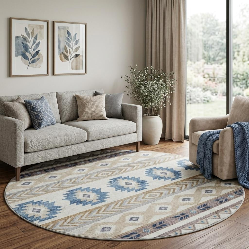 8' Taupe And Ivory Geometric Shag Washable Round Rug With UV Protection - Home & Garden