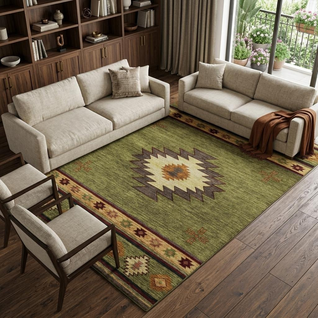 10' X 14' Green And Burgundy Geometric Shag Washable Area Rug With UV Protection - Home & Garden