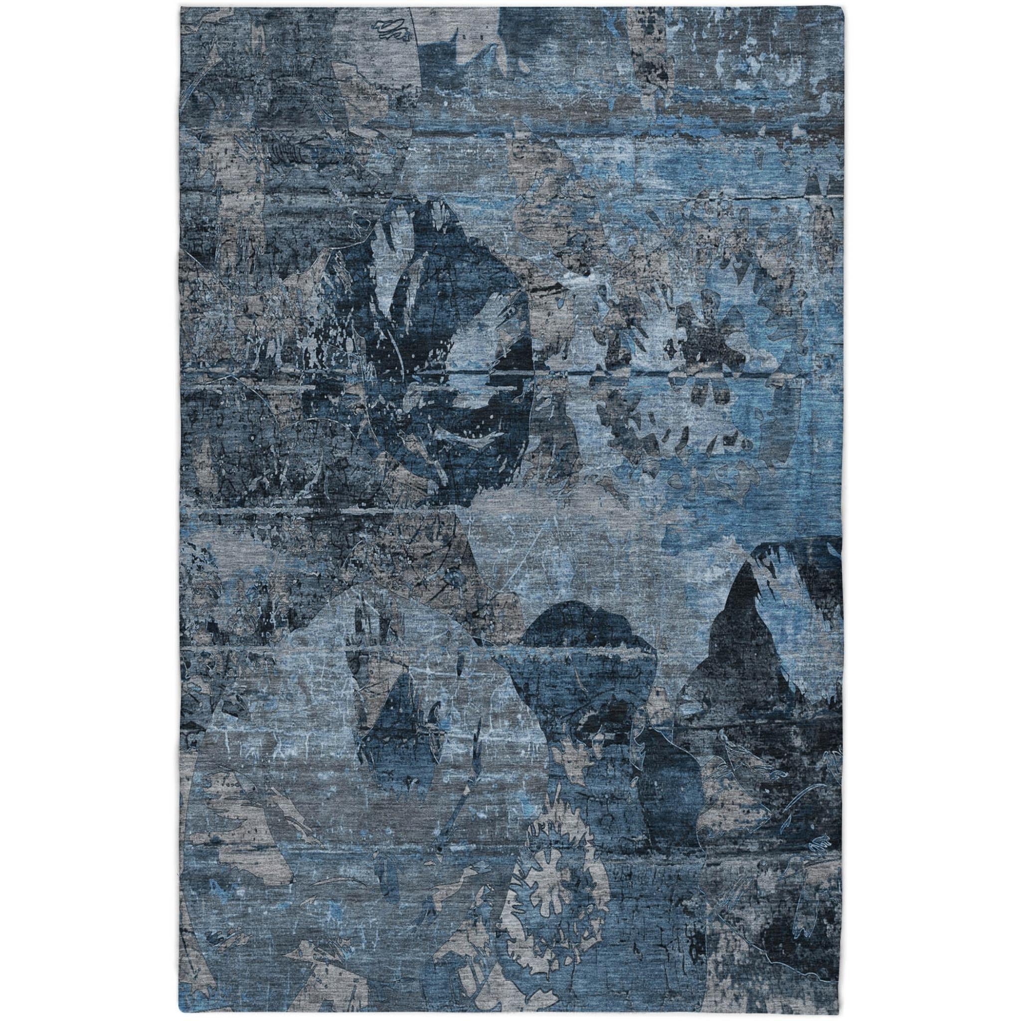 10' X 14' Denim Blue And Navy Blue Abstract Shag Washable Area Rug With UV Protection - Home & Garden