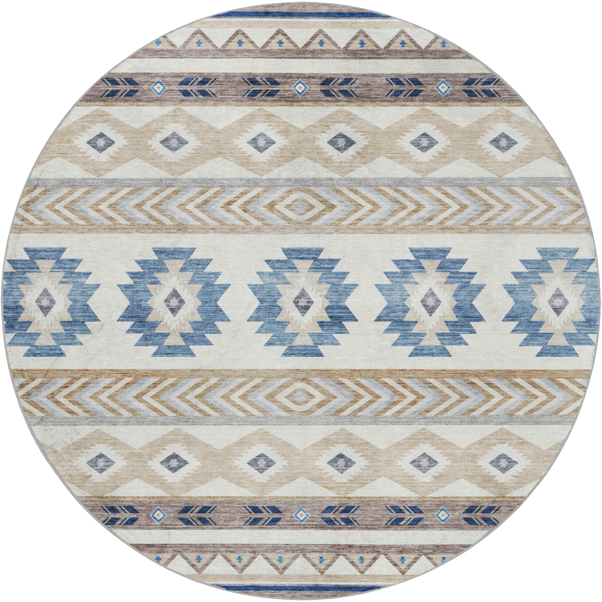 8' Taupe And Ivory Geometric Shag Washable Round Rug With UV Protection - Home & Garden