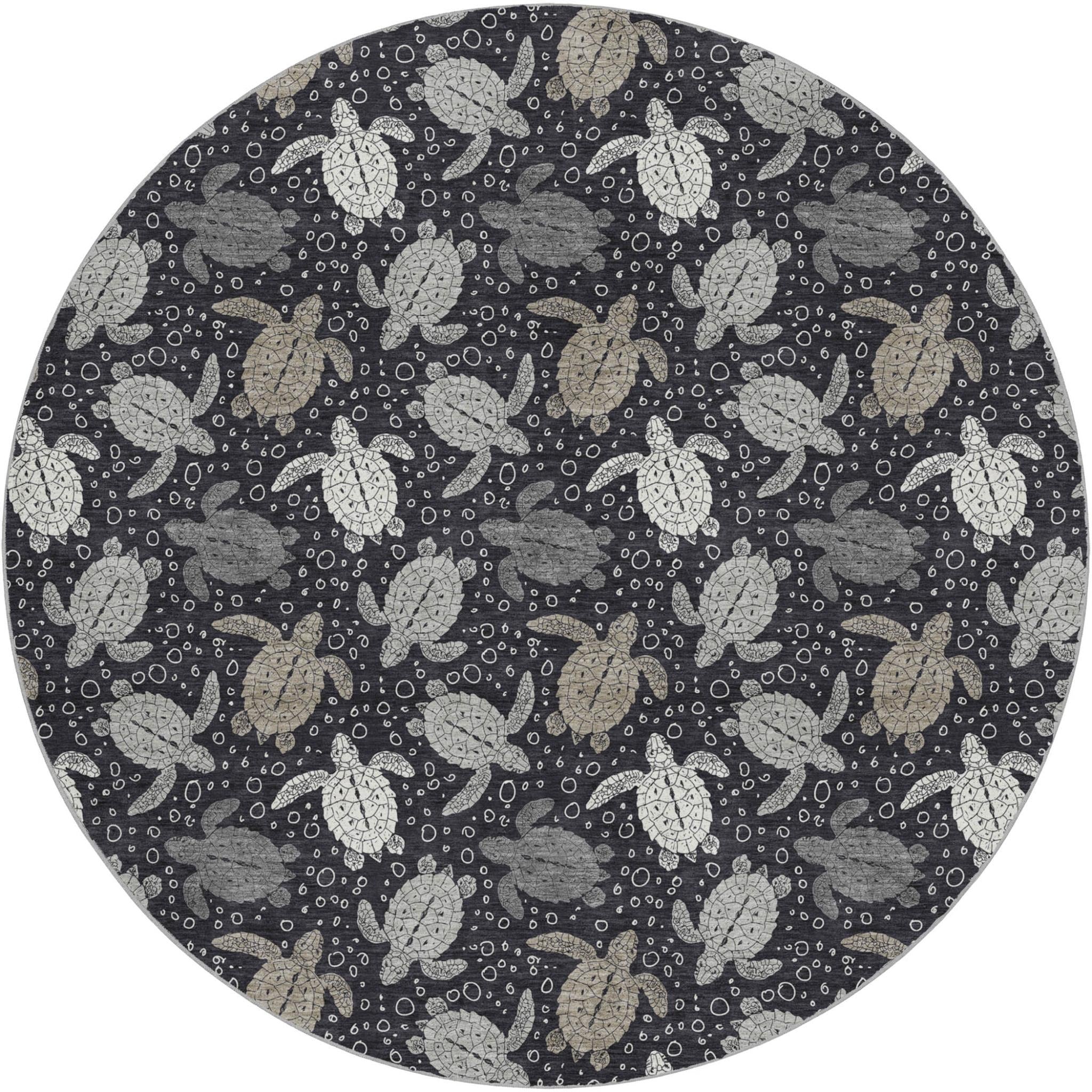 8' Midnight And Taupe Animal Print Shag Washable Round Rug With UV Protection - Home & Garden