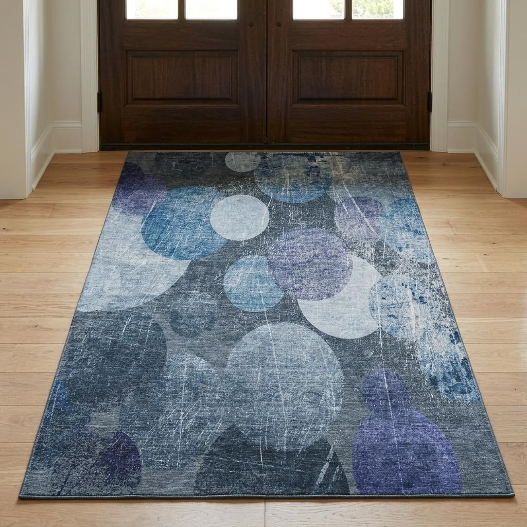 3' X 5' Blue And Denim Blue Geometric Shag Washable Area Rug With UV Protection - Home & Garden
