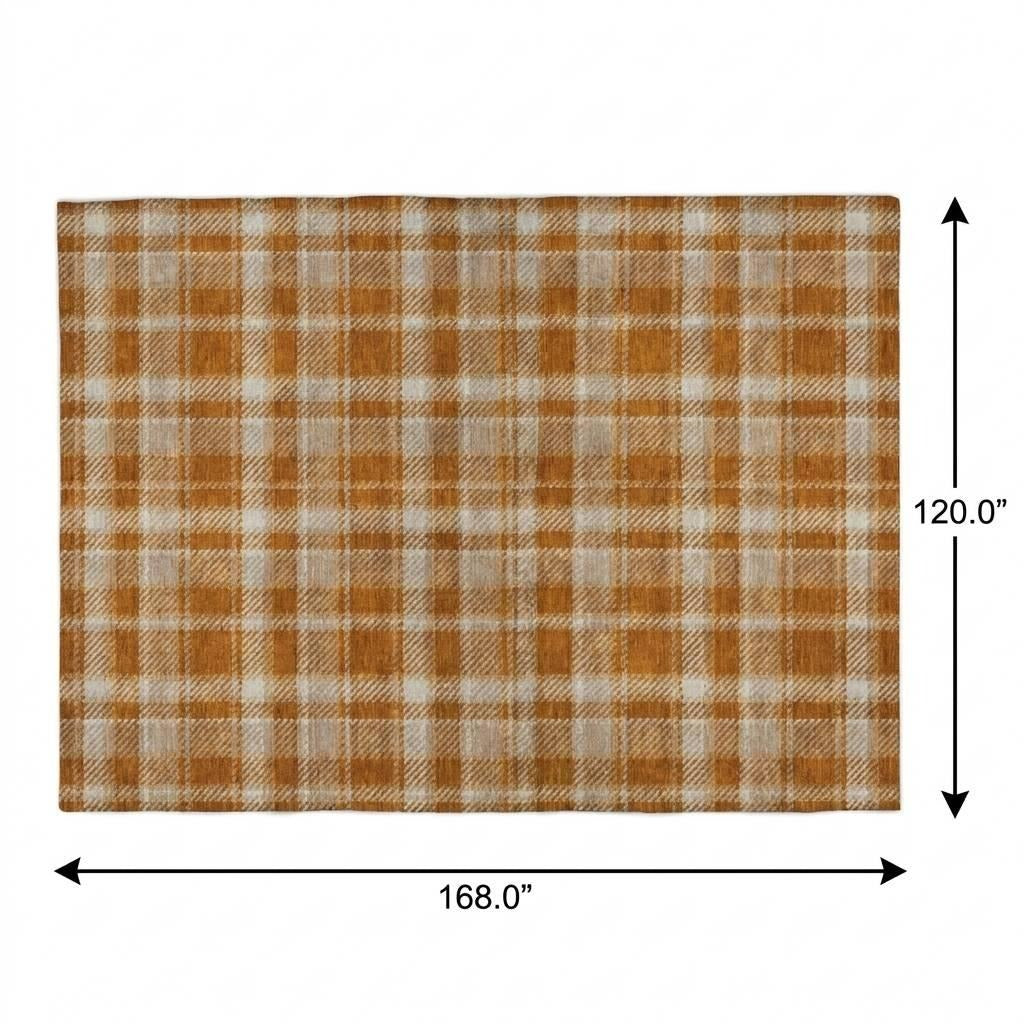 10' X 14' Orange And Taupe Plaid Shag Washable Area Rug With UV Protection - Home & Garden